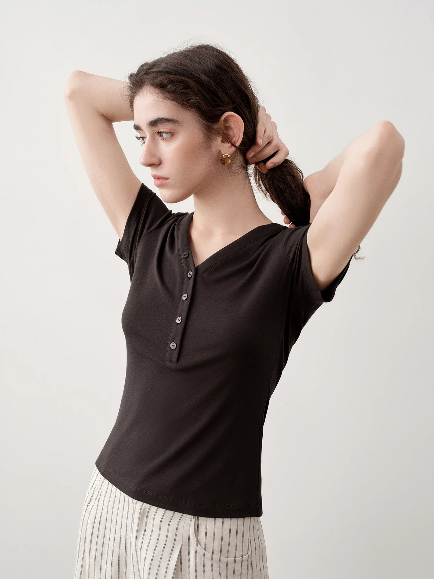 Pale Blue Button V-Neck Tee