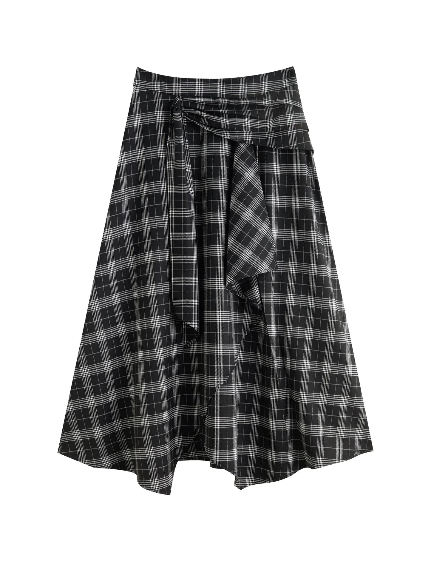 Plaid Asymmetric Draped Midi Skirt