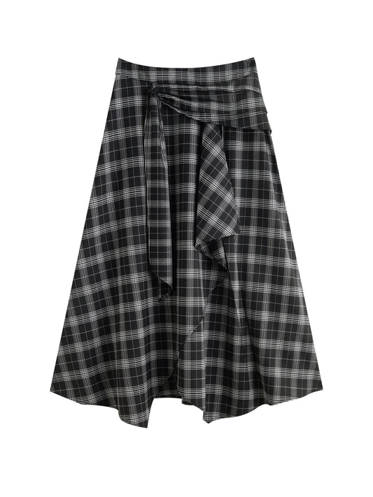 Plaid Asymmetric Draped Midi Skirt