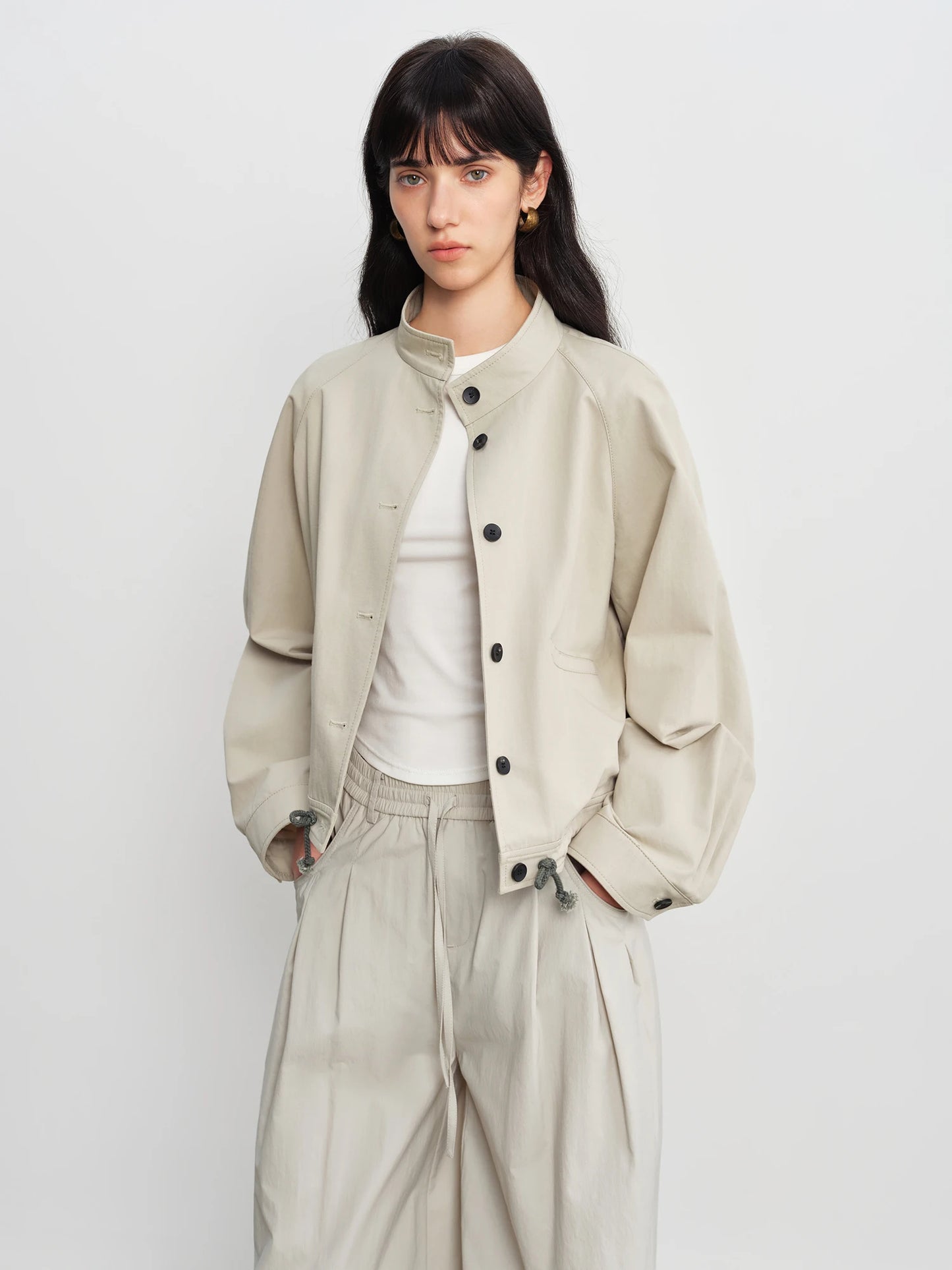 Beige Drawstring Hem Utility Jacket