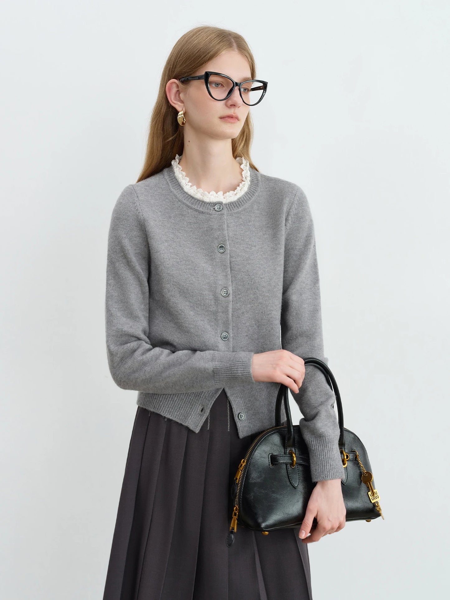 Grey Lace Trim Knit Cardigan