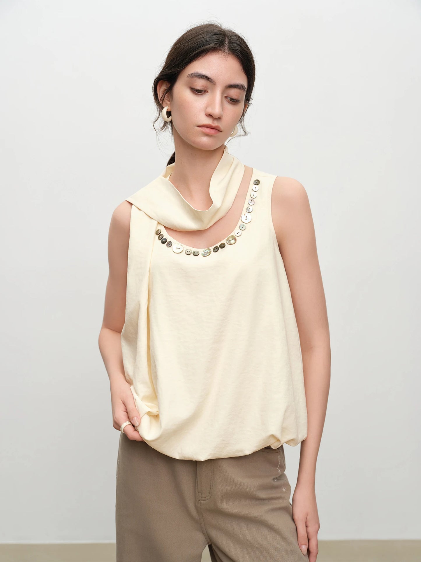 Ivory Beaded Draped Sleeveless Blouse