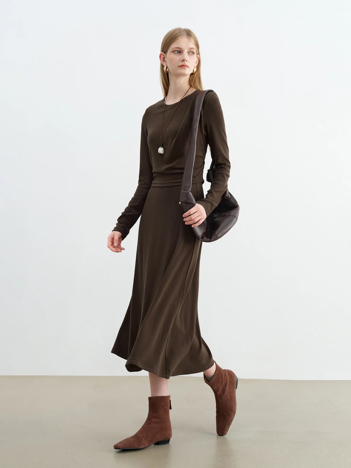 Brown Layered Long Sleeve Dress