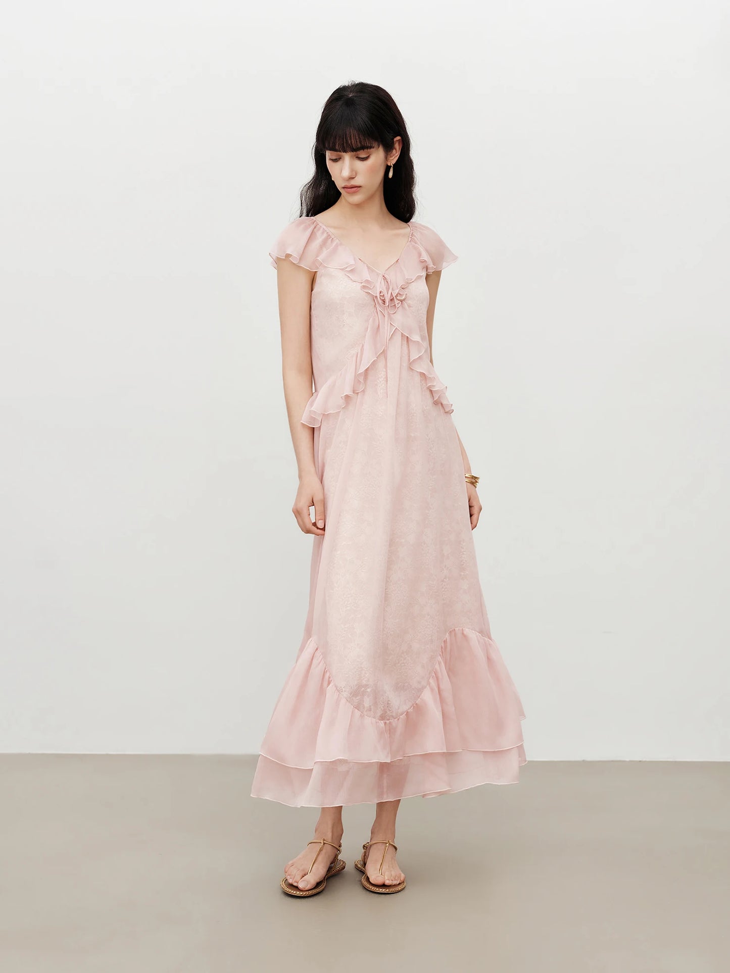 Pink Lace Ruffle Midi Dress