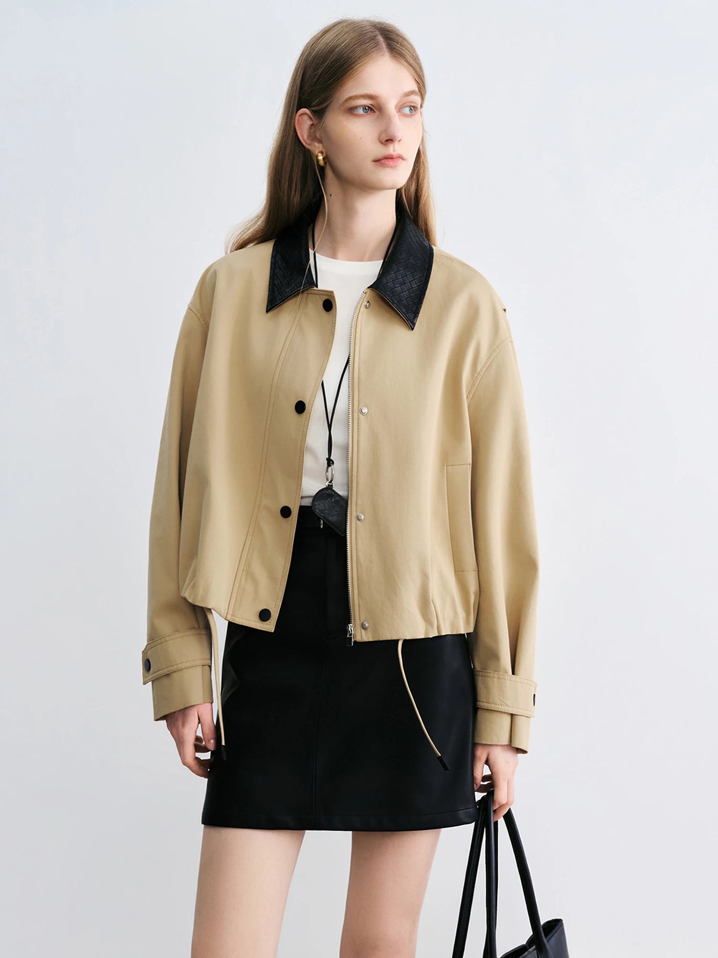 Camel Contrast Collar Short Jacket