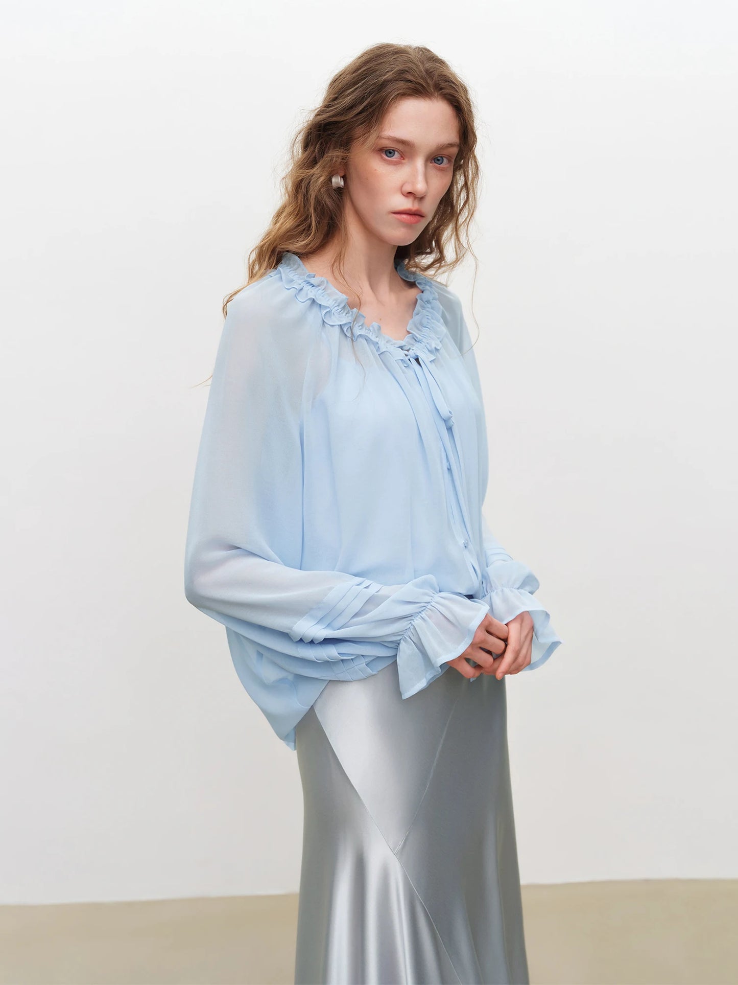 Pale Blue Ruffle Blouse Set
