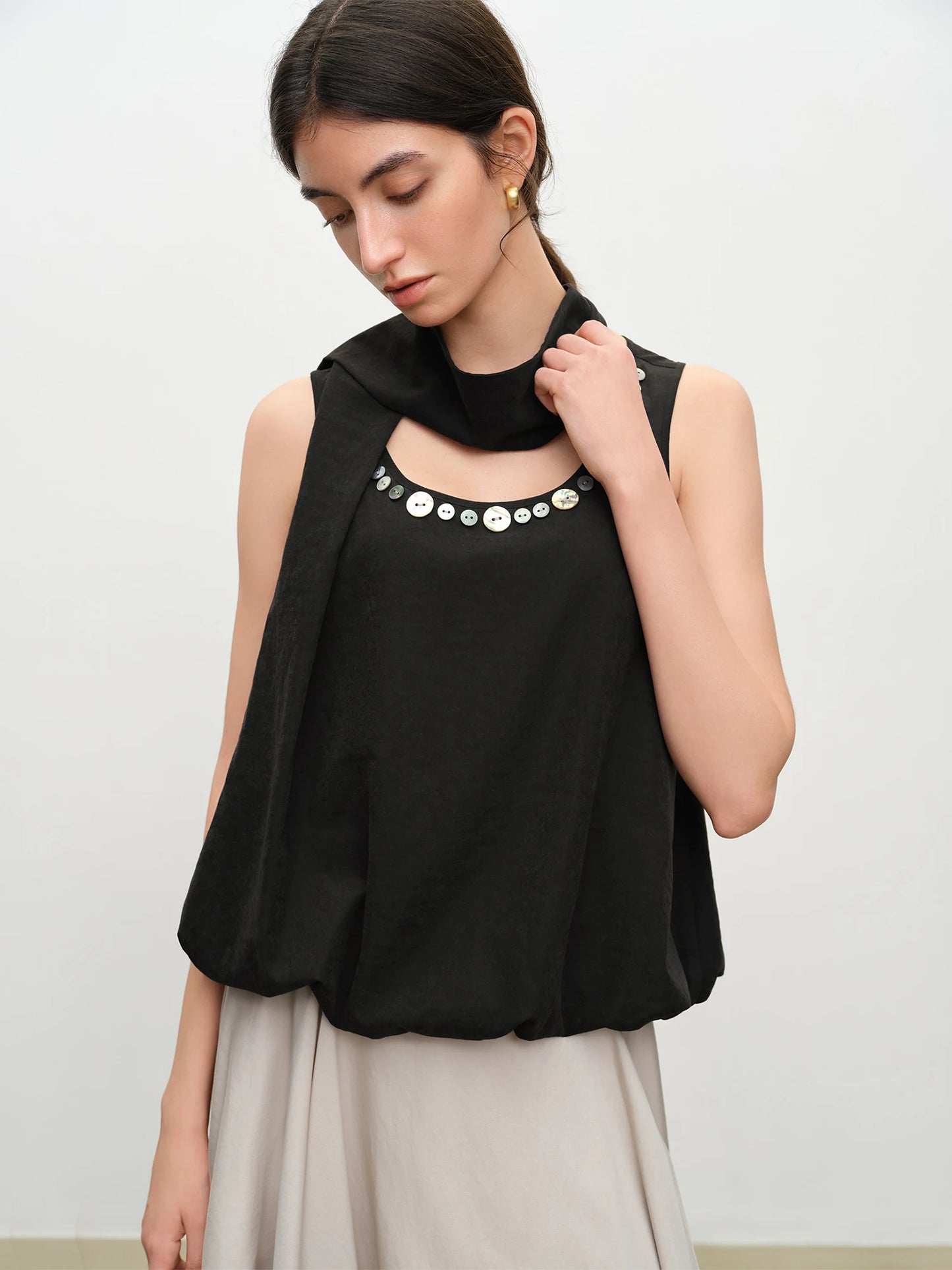 Ivory Beaded Draped Sleeveless Blouse
