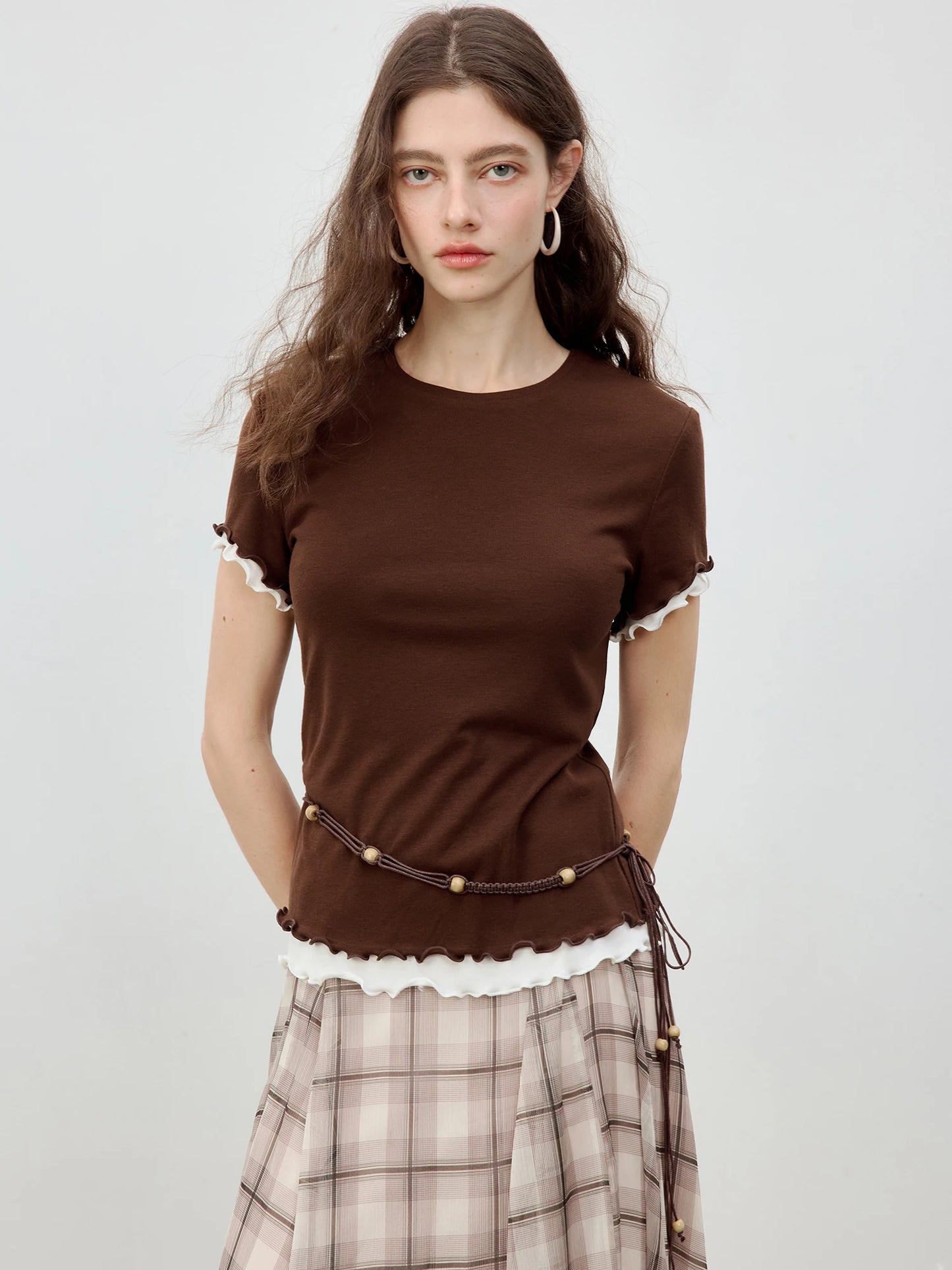 Brown Ruffle Trim Layered Tee