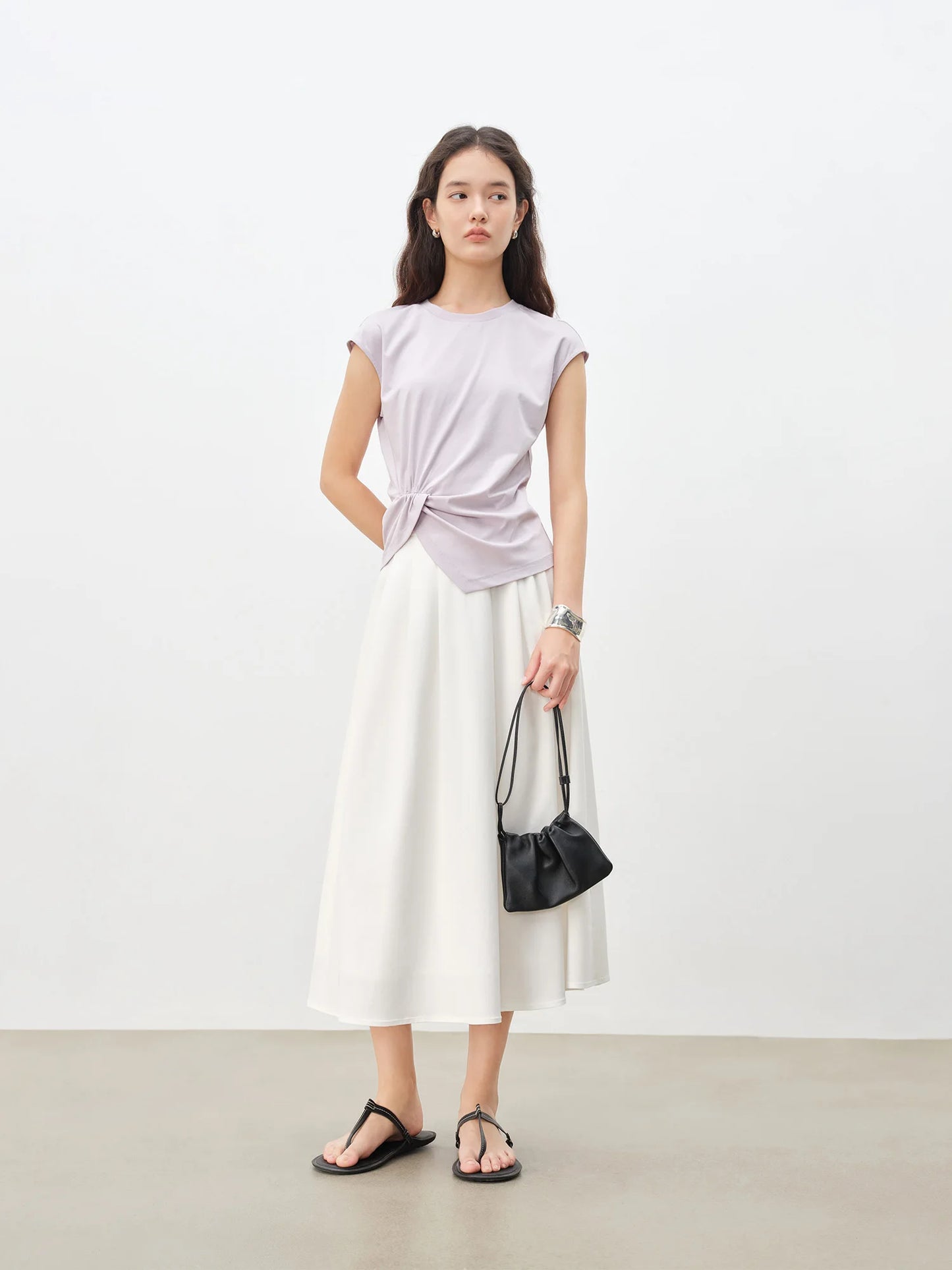Ivory Pleated A-Line Midi Skirt