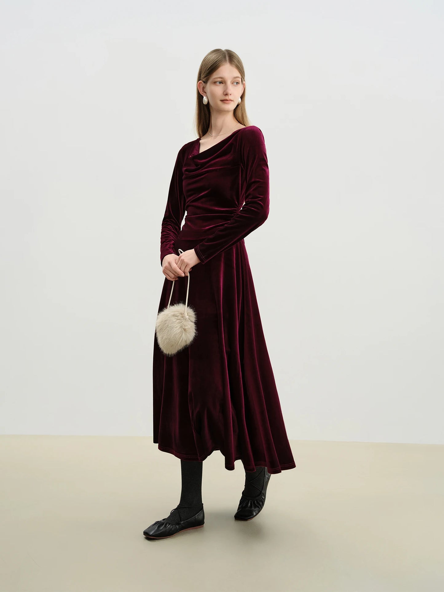 Burgundy Velvet Slash Neck Dress