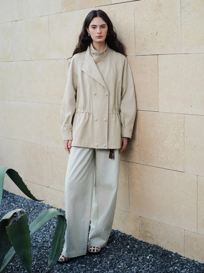 Beige Cinched Waist Utility Jacket
