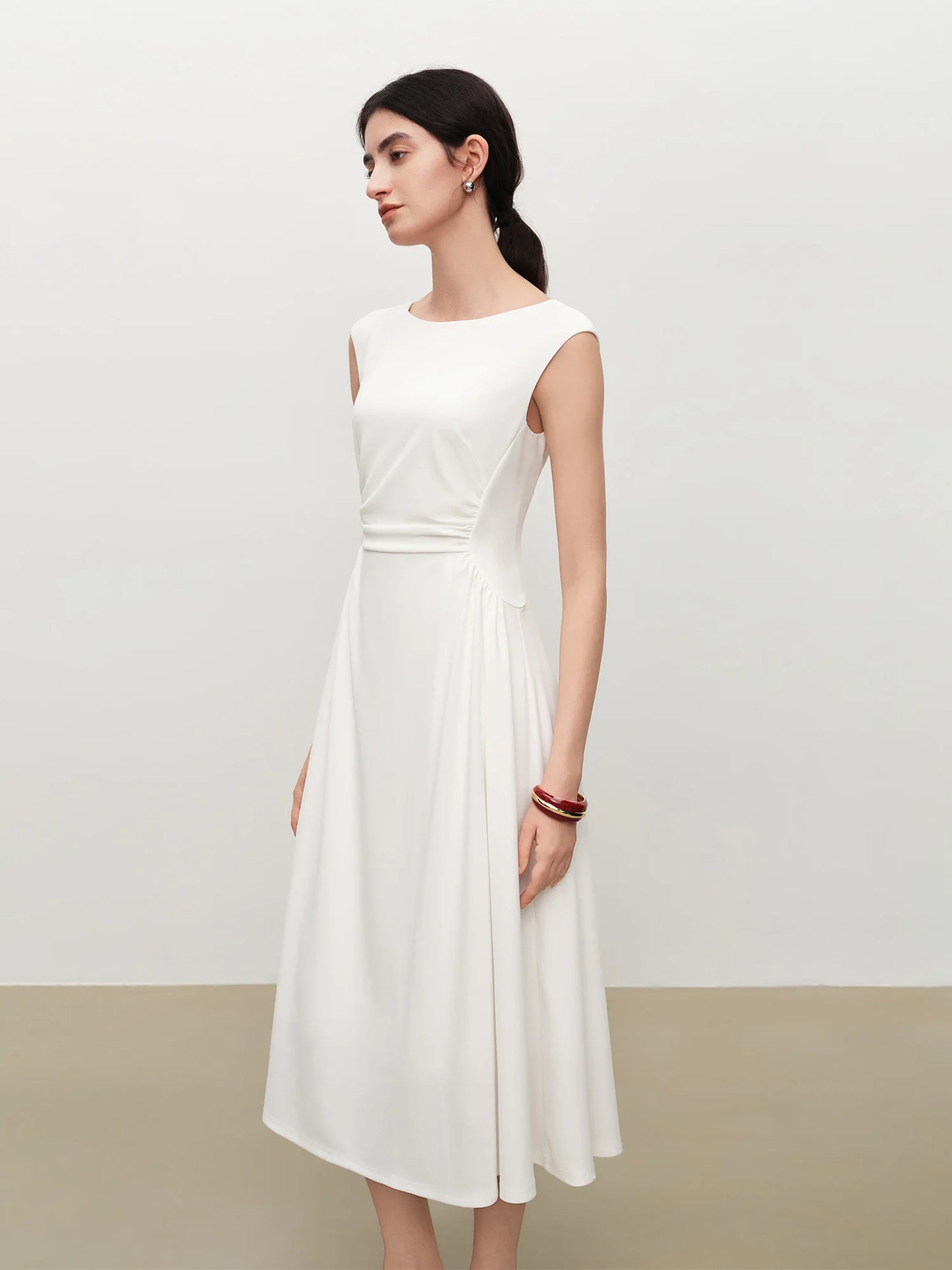 White Off Shoulder Pleated Dress