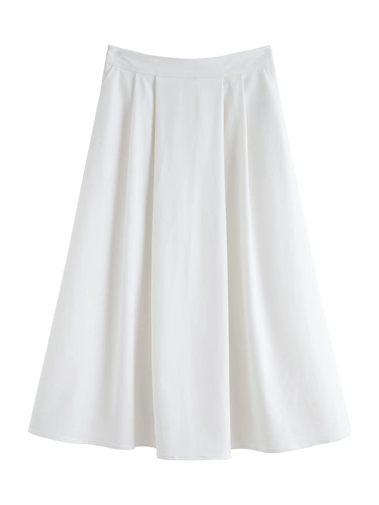 White Structured Pleated Midi Skirt