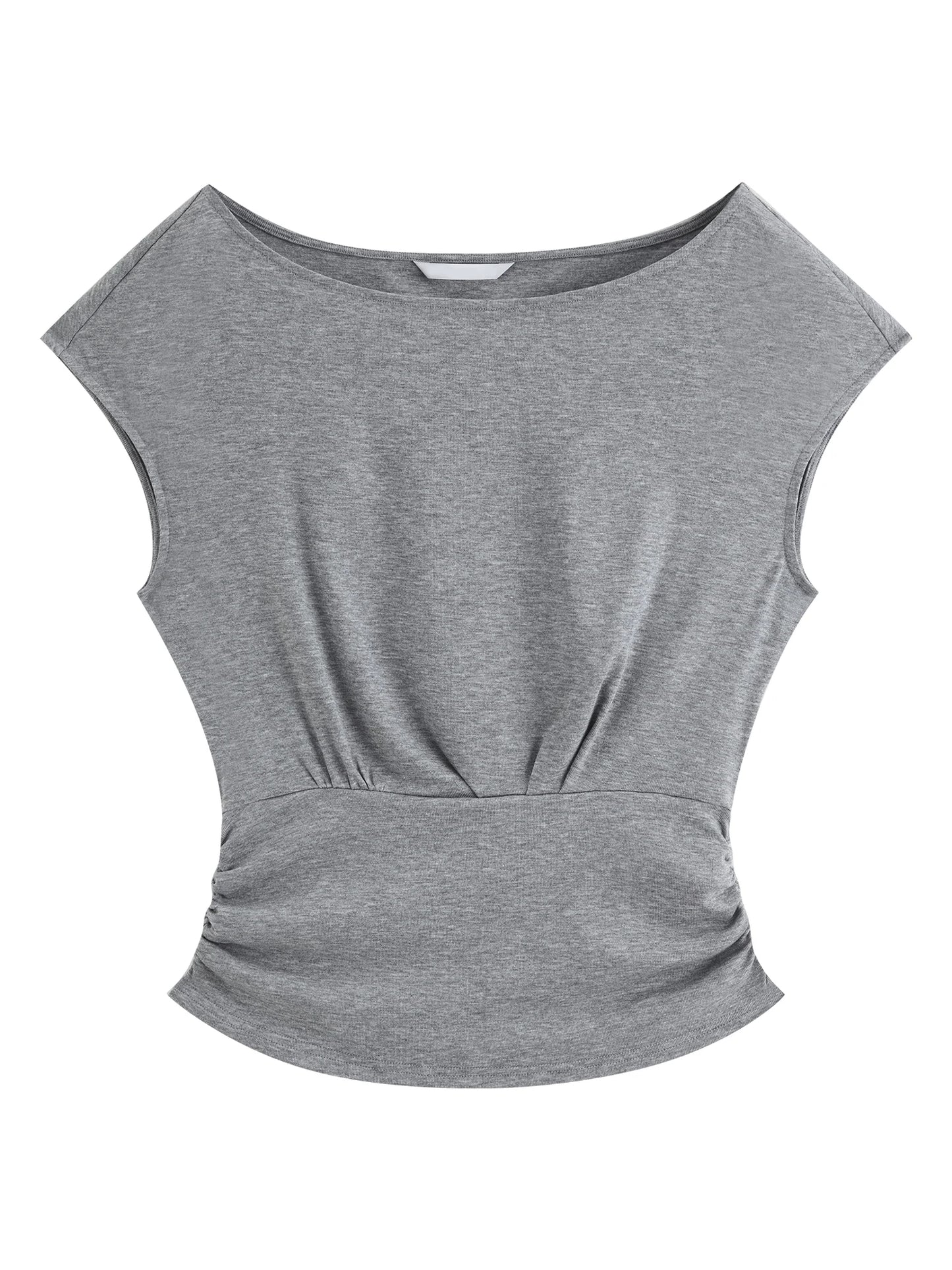 Gray Pleated Waist Boat Neck Top