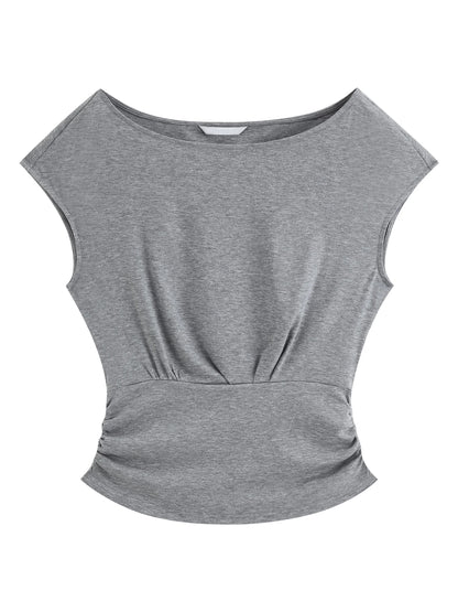 Gray Pleated Waist Boat Neck Top