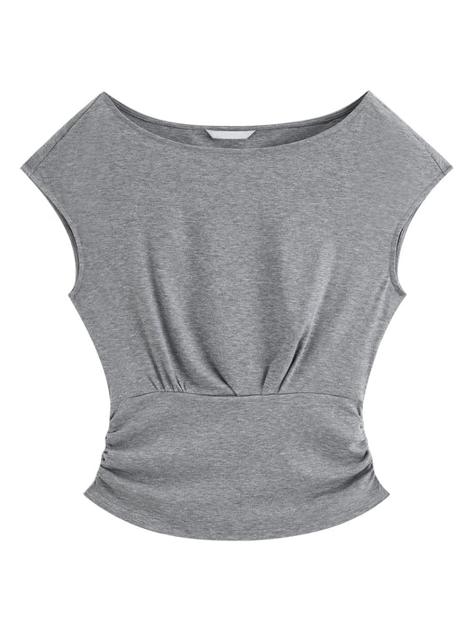 Gray Pleated Waist Boat Neck Top
