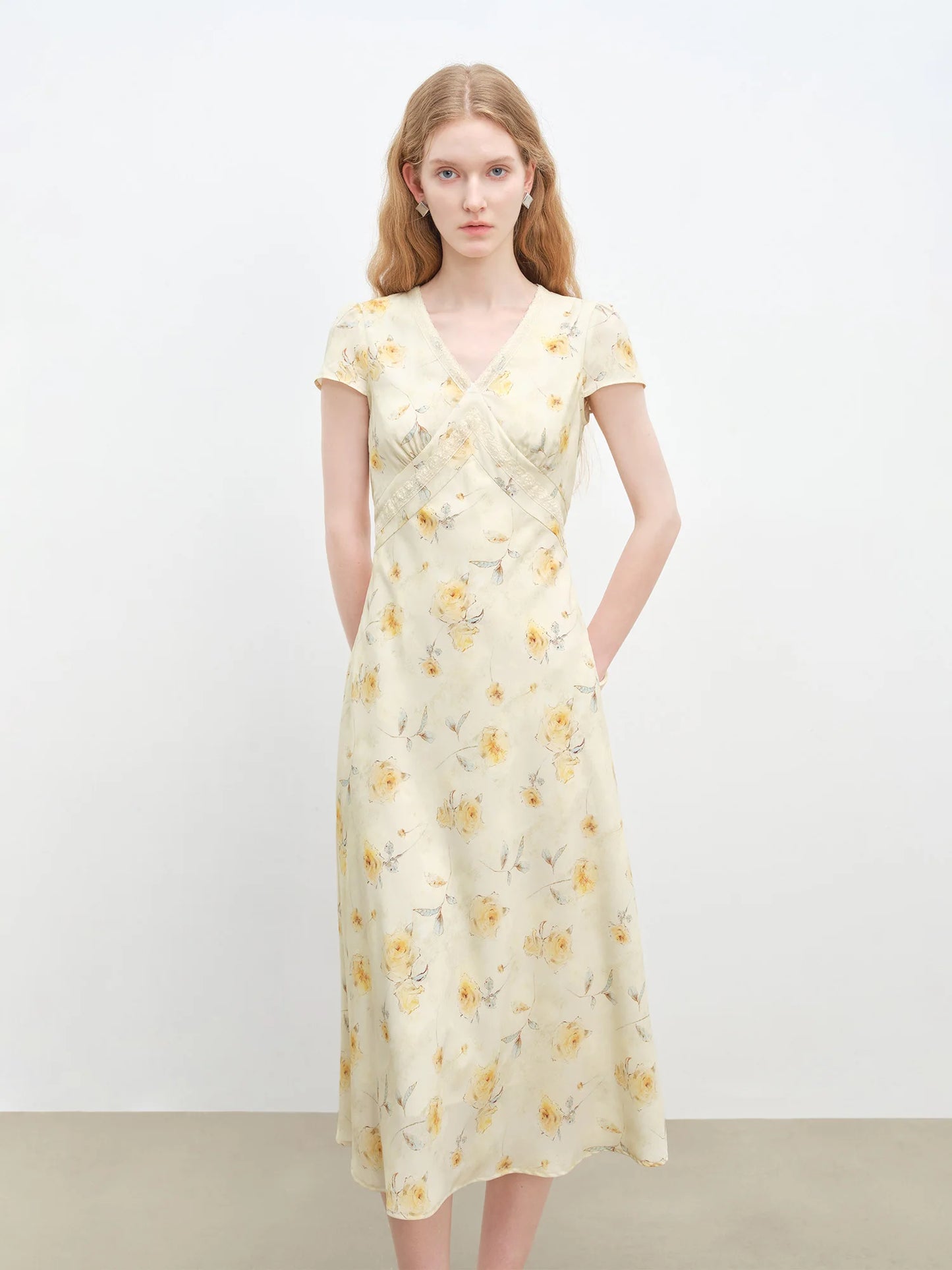 Yellow Floral V-Neck Dress