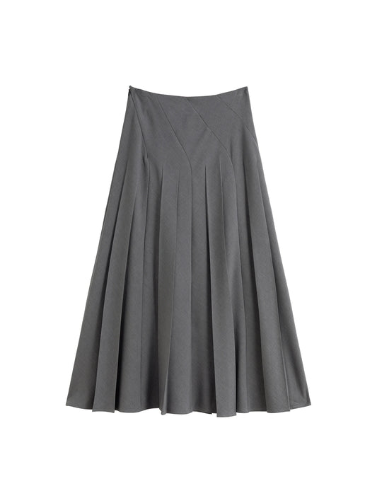 Grey Twill Pleated A-Line Skirt
