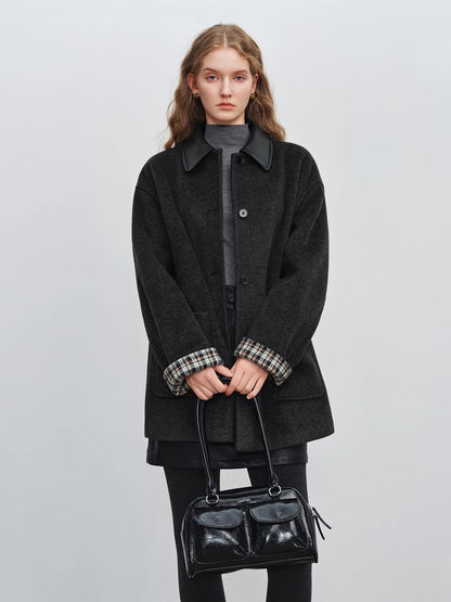 Black Leather Collar Wool Coat