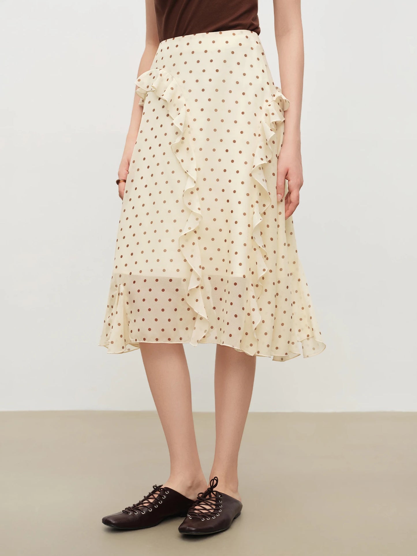 Dot Ruffle Asymmetric Midi Skirt