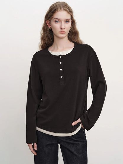 Black Layered Henley Long Sleeve Top