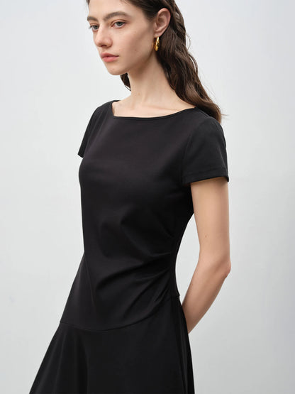 Black Asymmetric Draped Midi Dress