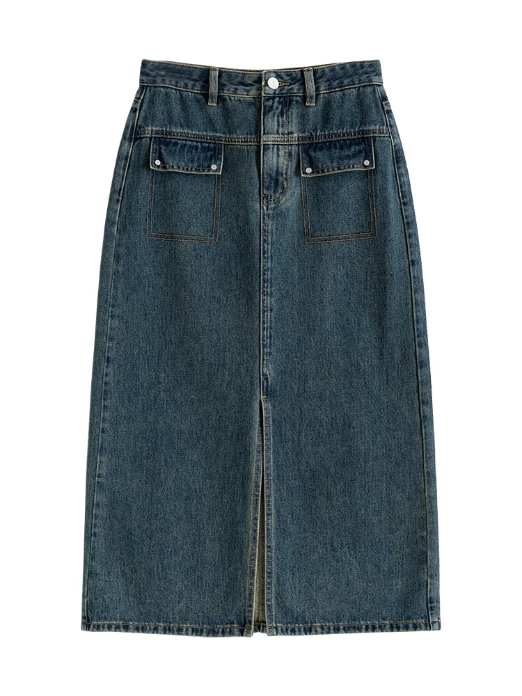 Washed Denim Straight Slit Skirt
