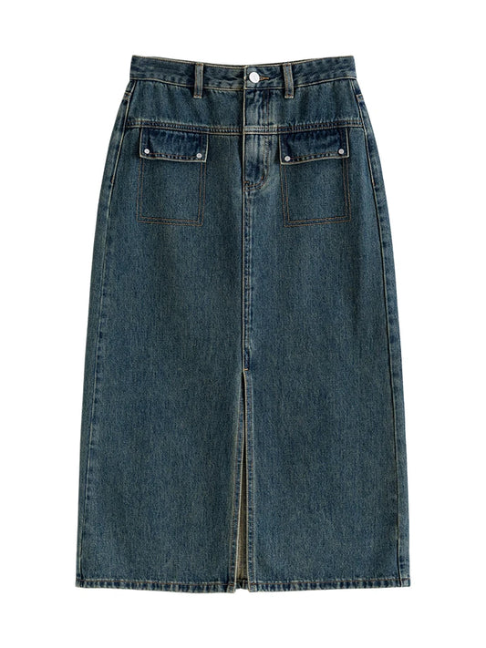 Washed Denim Straight Slit Skirt