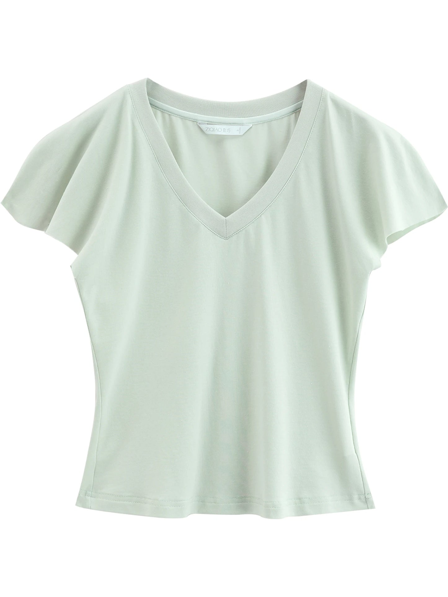Pale Blue V-Neck Ruffle Tee