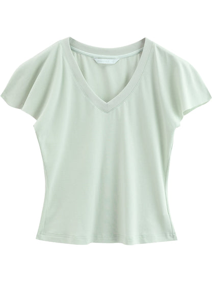 Pale Blue V-Neck Ruffle Tee