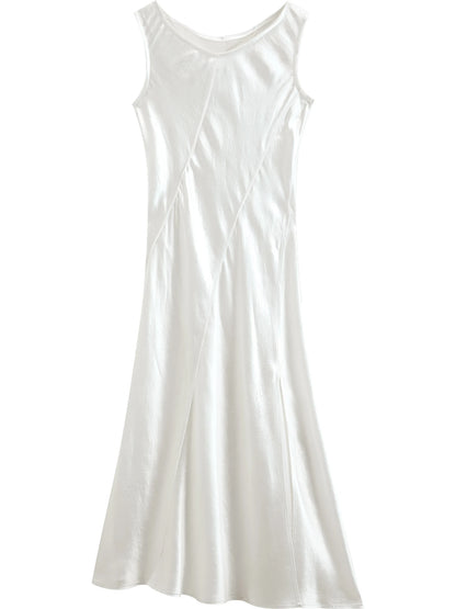 Ivory Satin U-Neck Midi Dress
