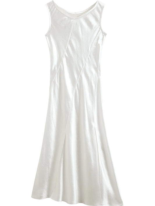 Ivory Satin U-Neck Midi Dress