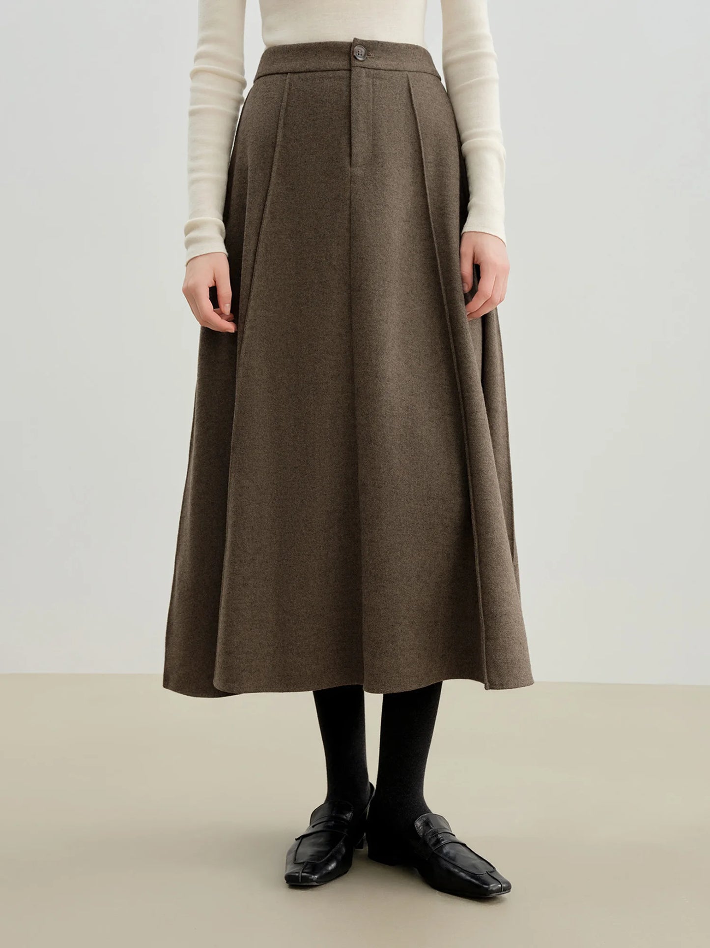 Taupe Wool Pleated Flared Midi Skirt