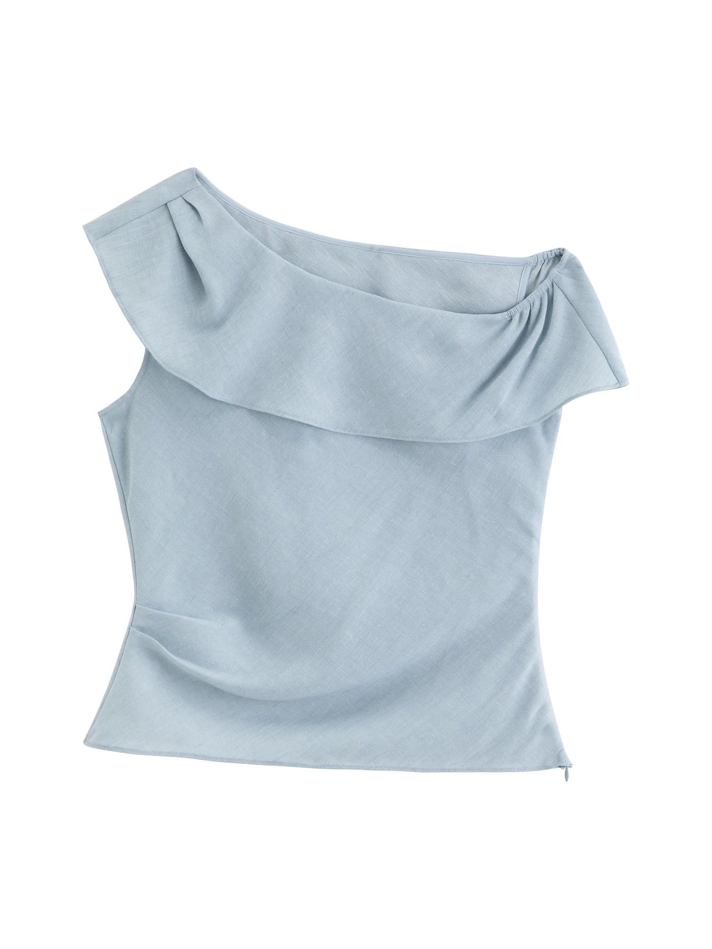 Pale Blue Asymmetric Ruffle Blouse