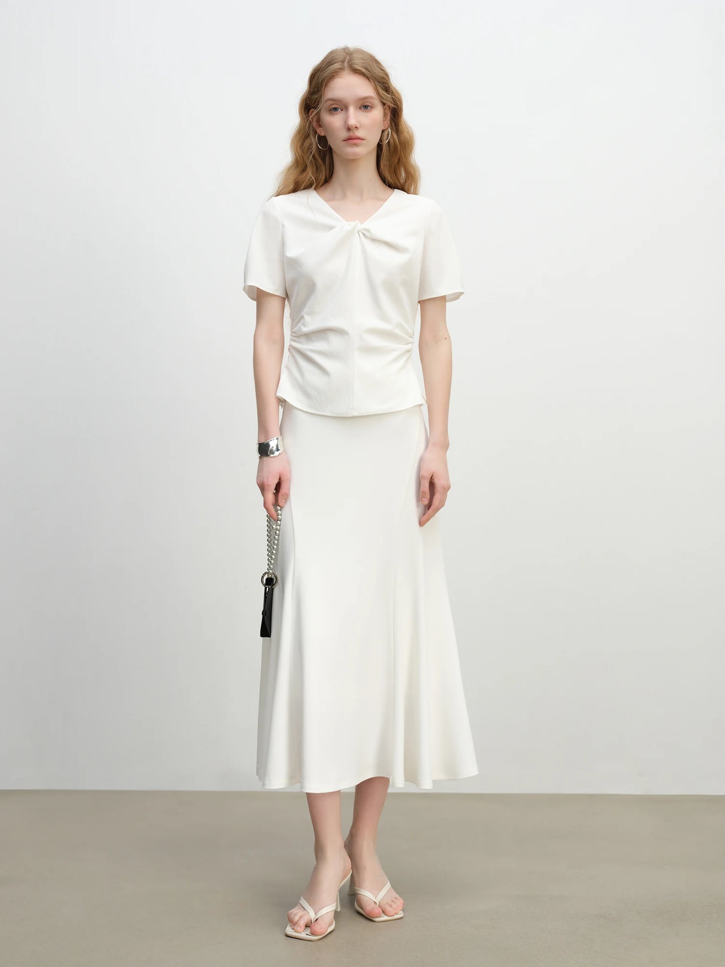 White Fishtail Flared Midi Skirt