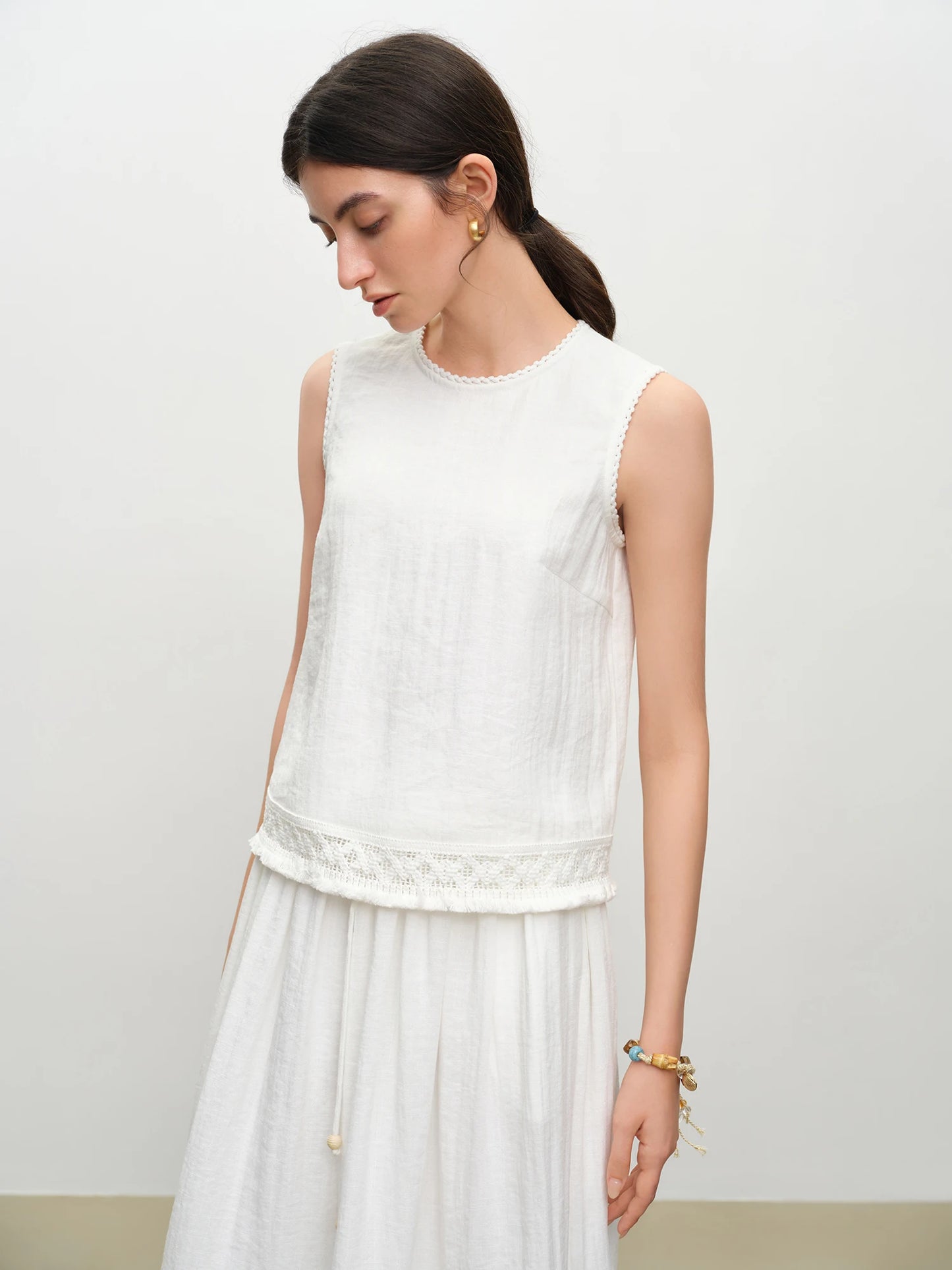 White O-Neck Midi Skirt Set