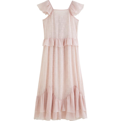 Pink Lace Ruffle Midi Dress