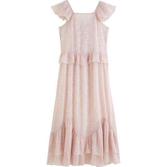 Pink Lace Ruffle Midi Dress