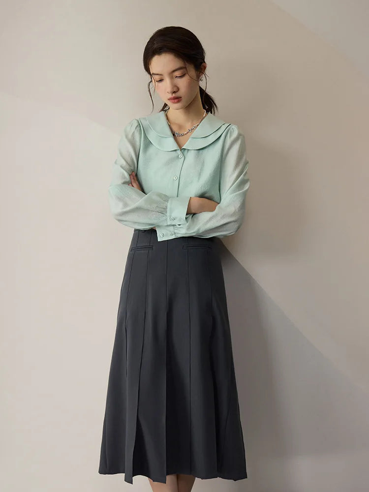 Solid High Waist Pleated Midi Skirt