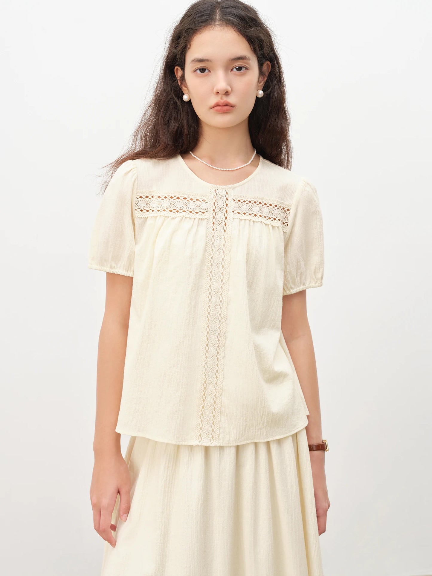 Cream Lace Cutout Skirt Set