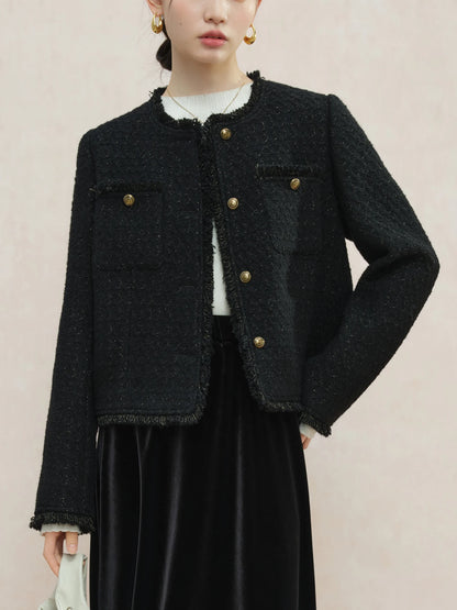 Black Fringe Trim Tweed Jacket