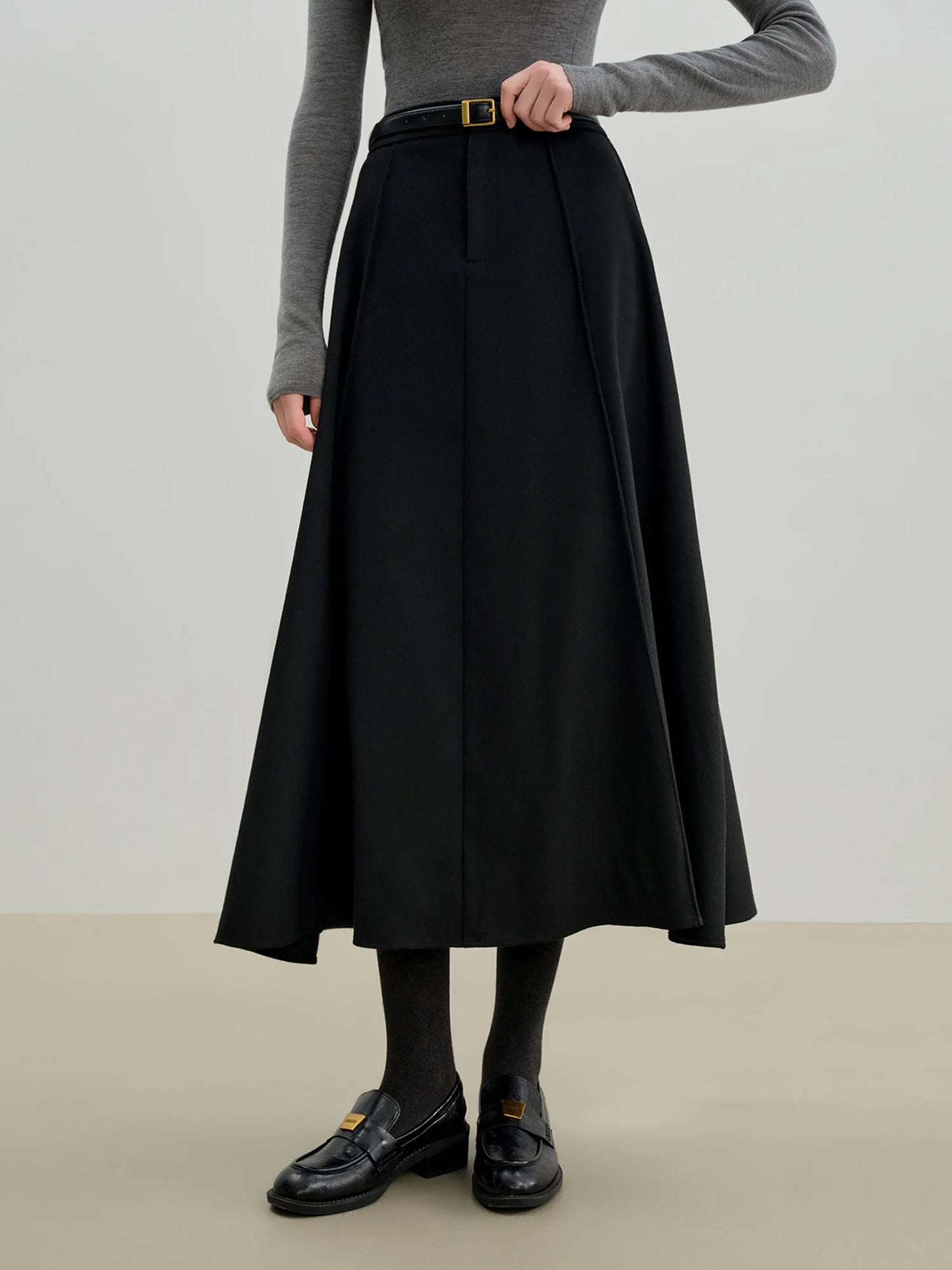 Taupe Wool Pleated Flared Midi Skirt