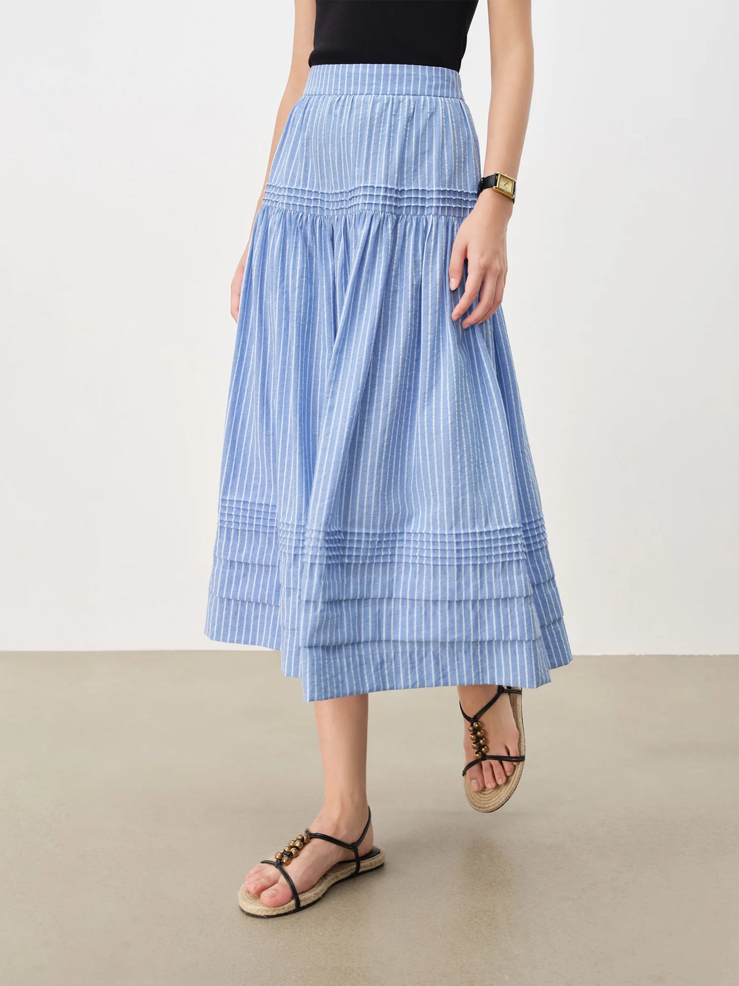Blue Striped Tiered Midi Skirt