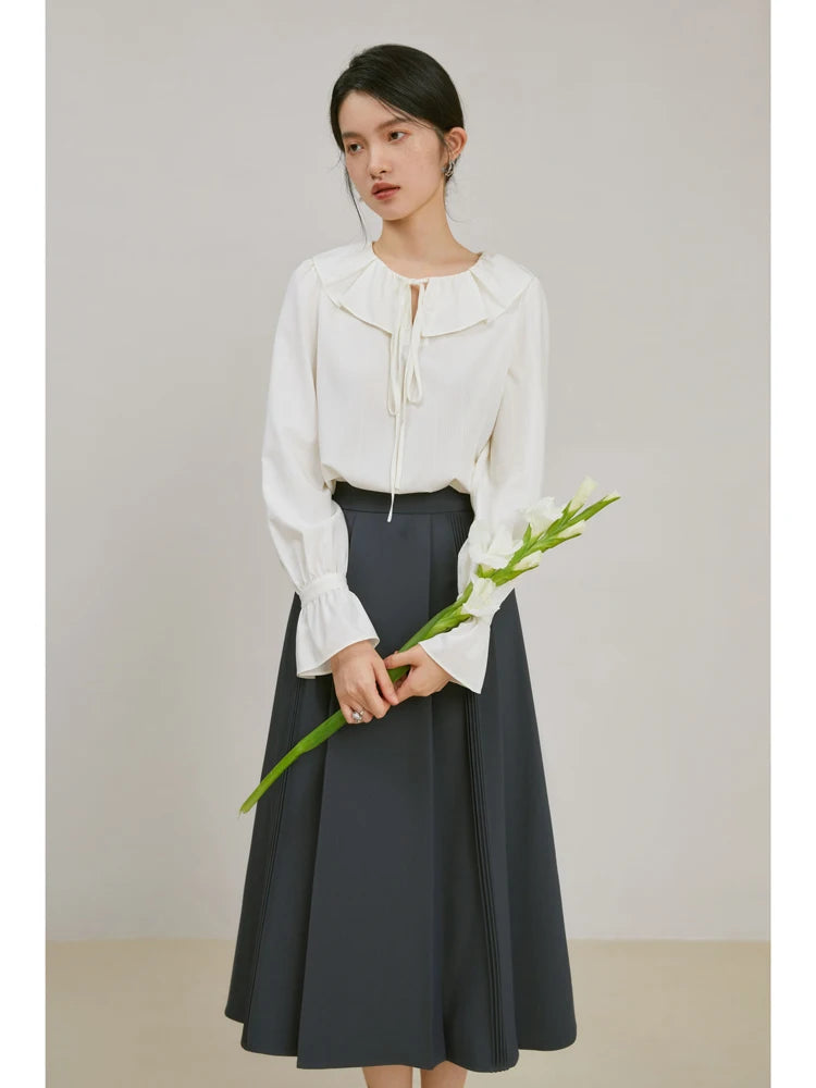 Gray High Waist Pleated Midi Skirt