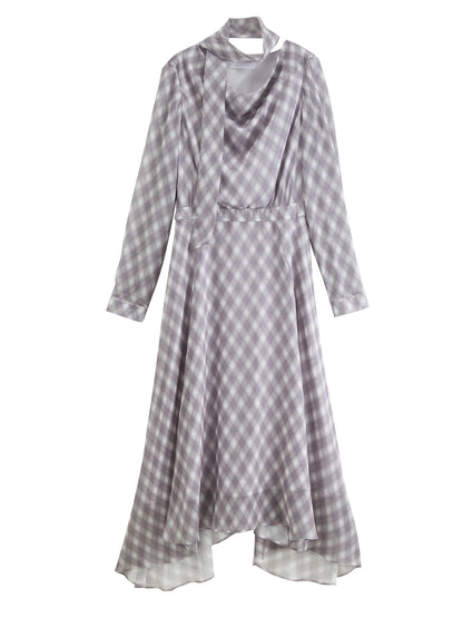 Plaid Ruffle Neck Midi Dress