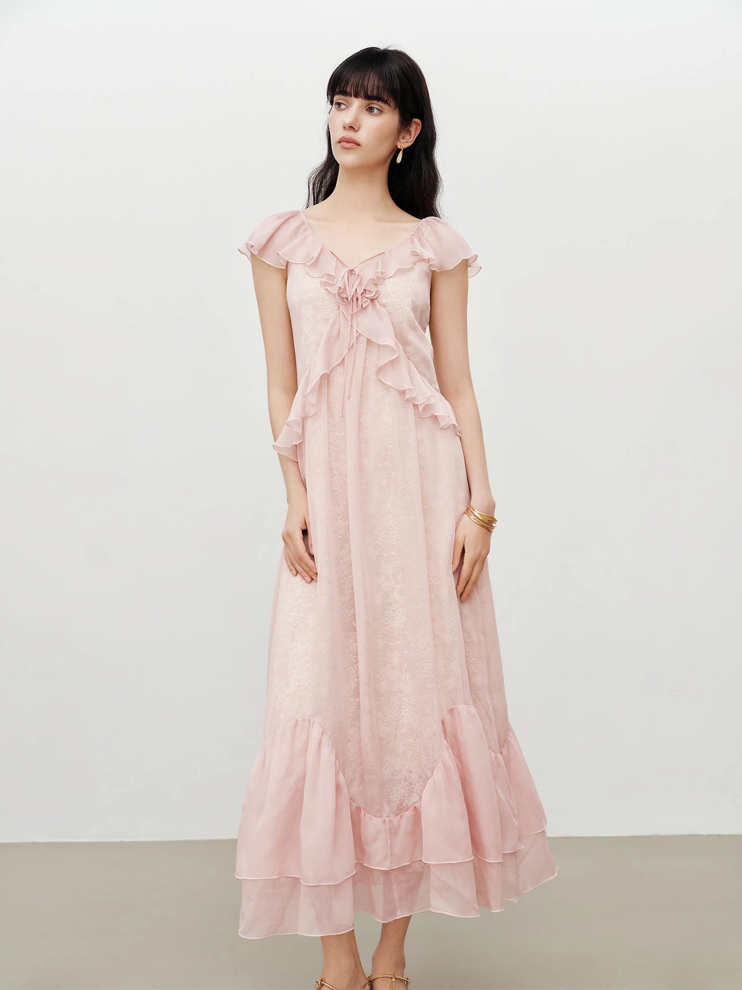 Pink Lace Ruffle Midi Dress