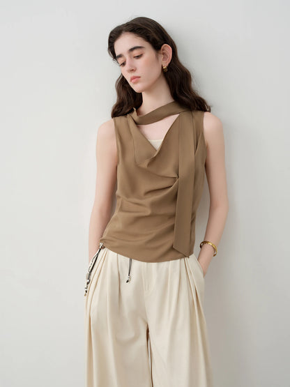 Taupe Cowl Neck Sleeveless Blouse