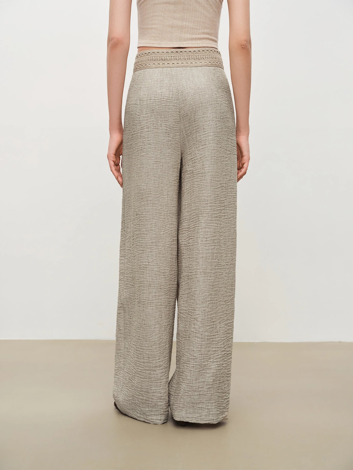 Beige Lace Waist Wide Leg Pants