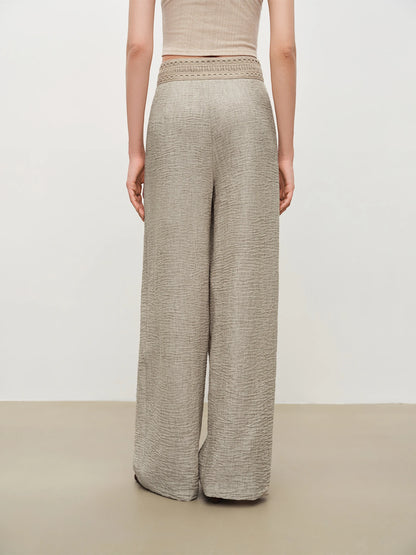Beige Lace Waist Wide Leg Pants