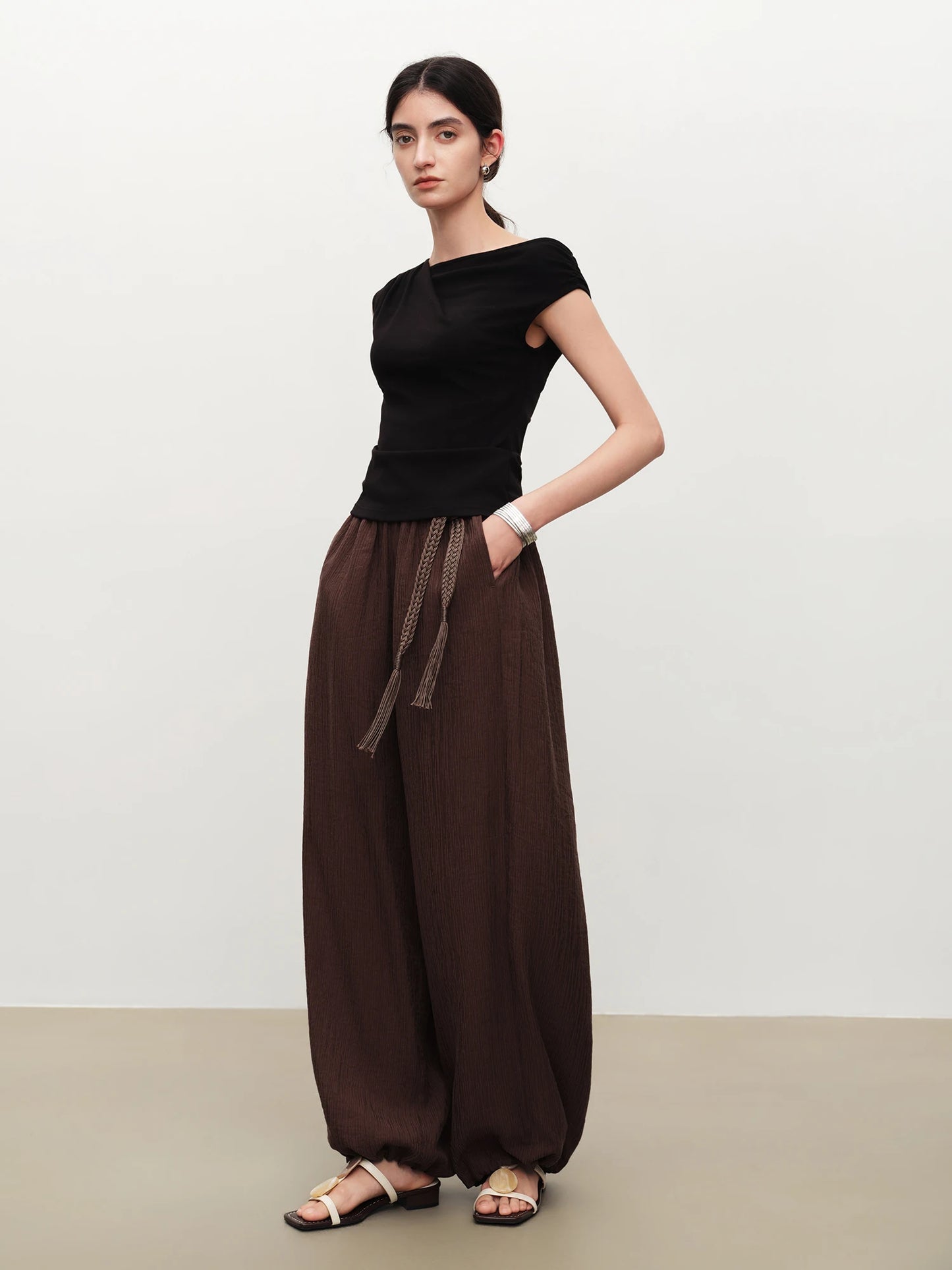 Brown Ribbed Balloon Pants